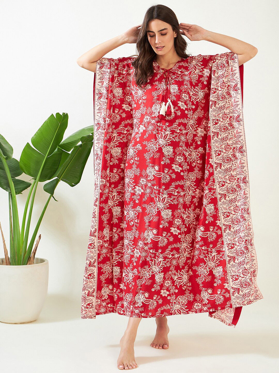 

The Kaftan Company Floral Printed Maxi Nightdress, Red