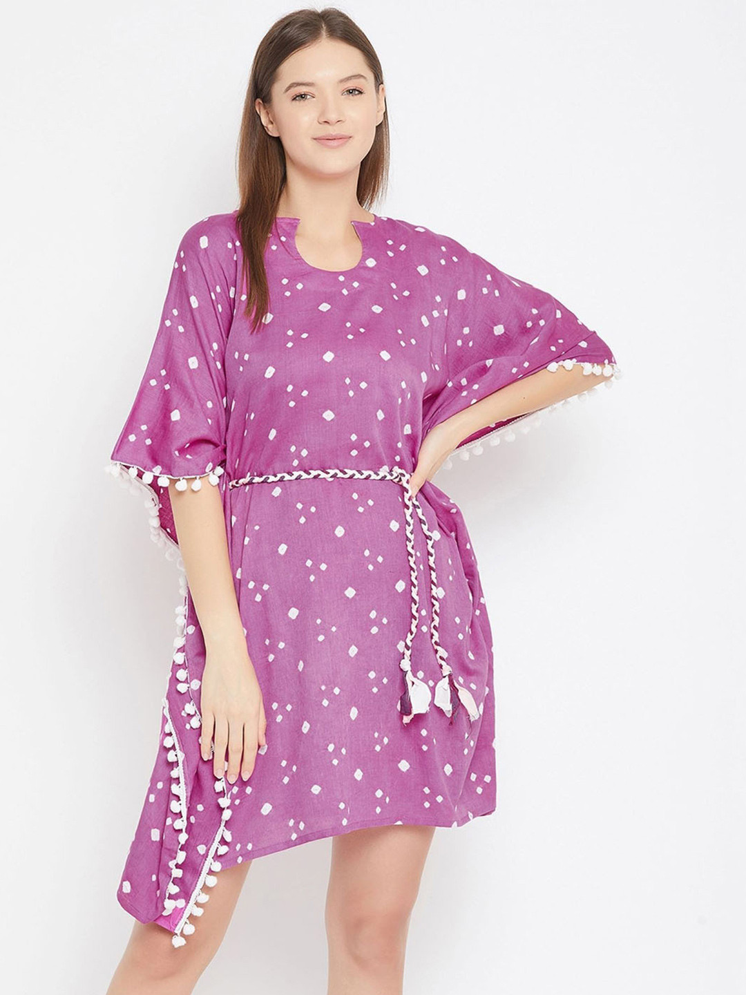 

The Kaftan Company Bandhani Printed Pompom Detailed Pure Cotton Kaftan Nightdress, Purple