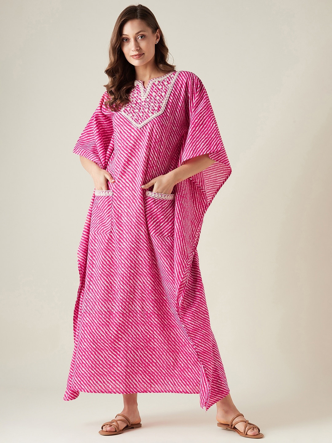 

The Kaftan Company Leheriya Printed Embroidered Pure Cotton Maxi Kaftan Nightdress, Pink
