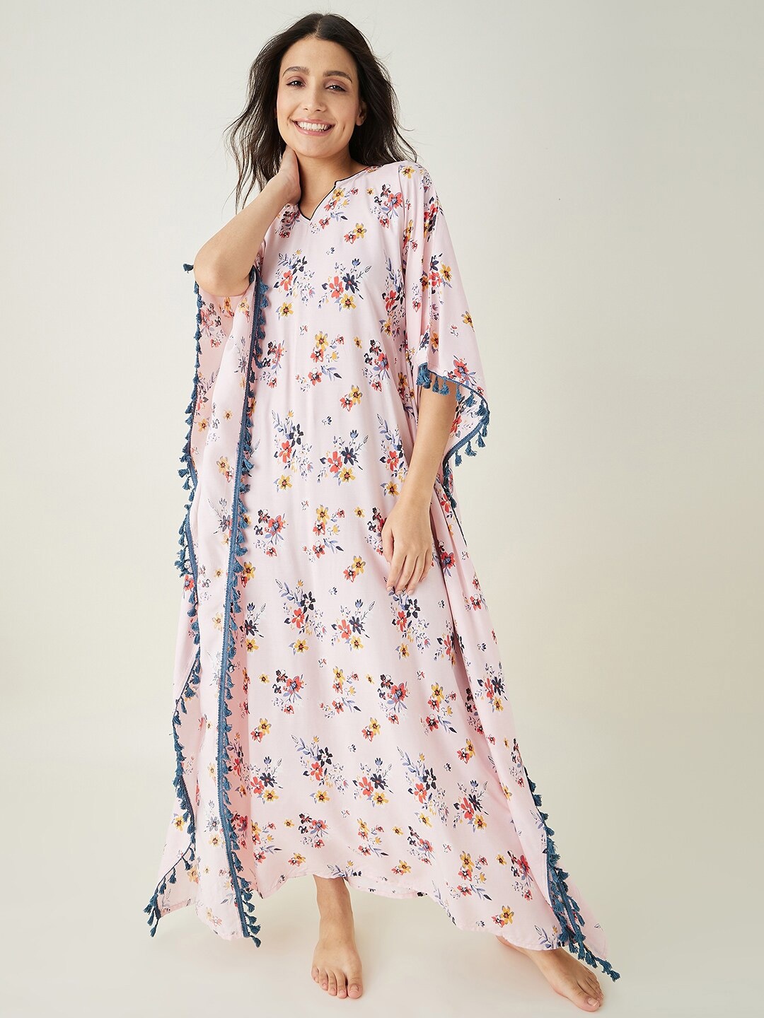 

The Kaftan Company Floral Printed Maxi Nightdress, Beige