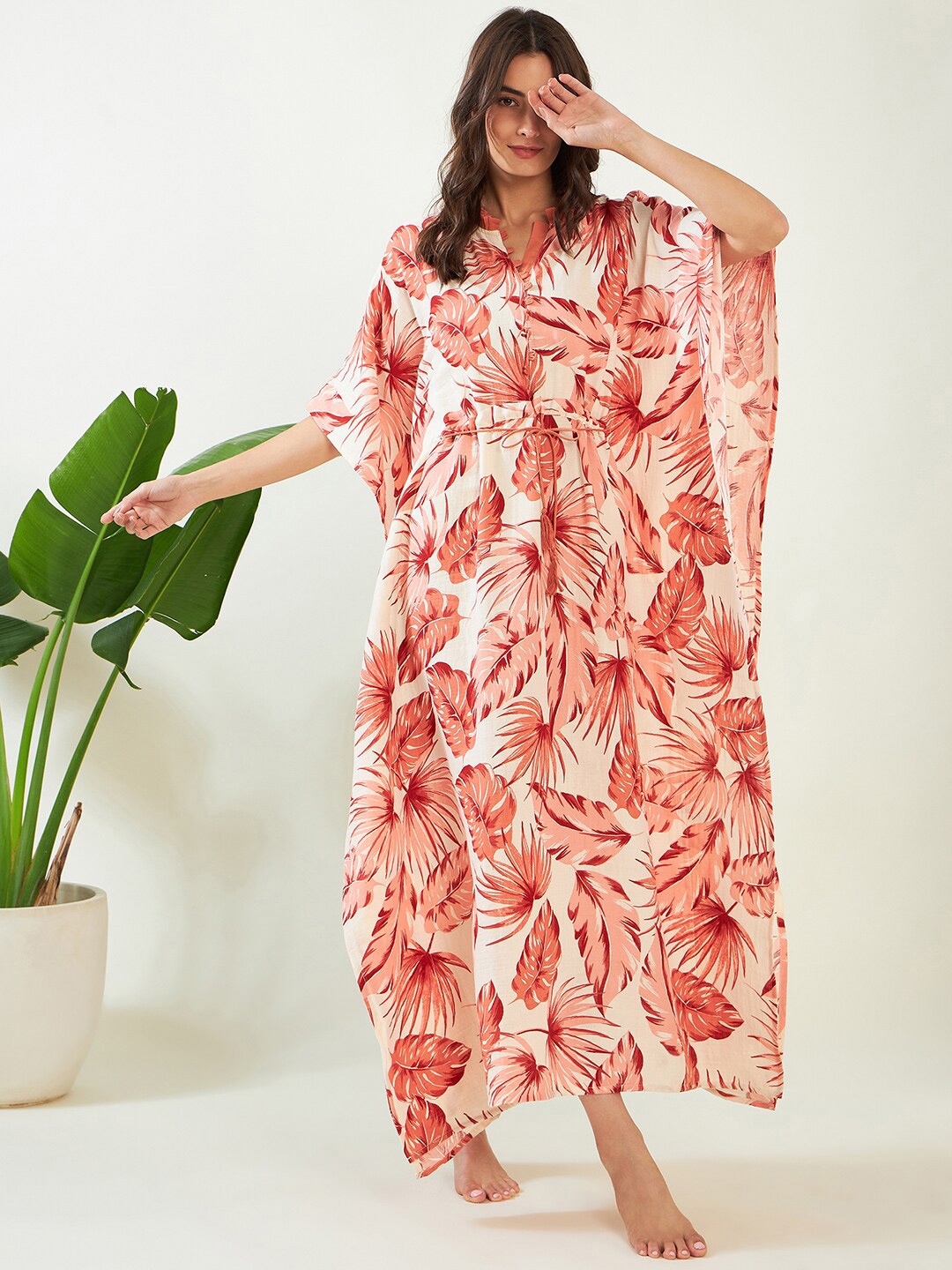 

The Kaftan Company Tropical Printed Mandarin Collar Pure Cotton Kaftan Nightdress, Peach