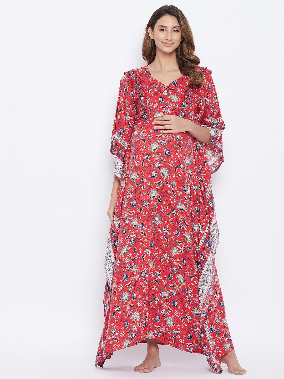 

The Kaftan Company Floral Printed Maxi Maternity Modal Kaftan Nightdress, Red