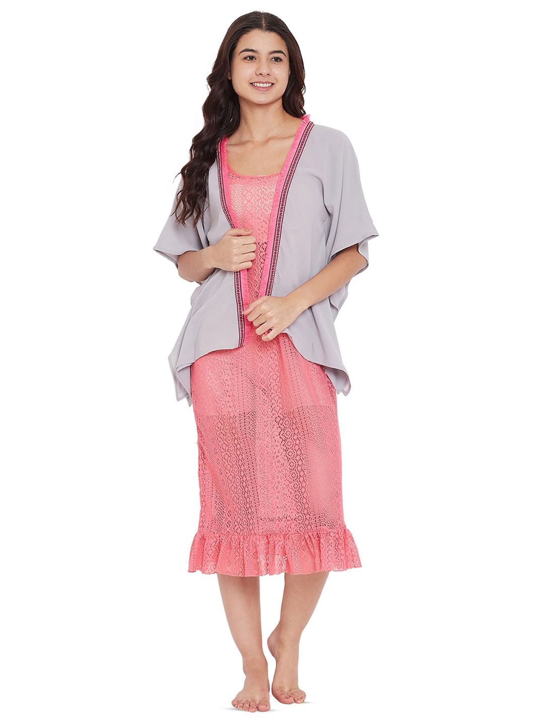 

The Kaftan Company Laced Semi Sheer Midi Nightdress with Shrug, Pink