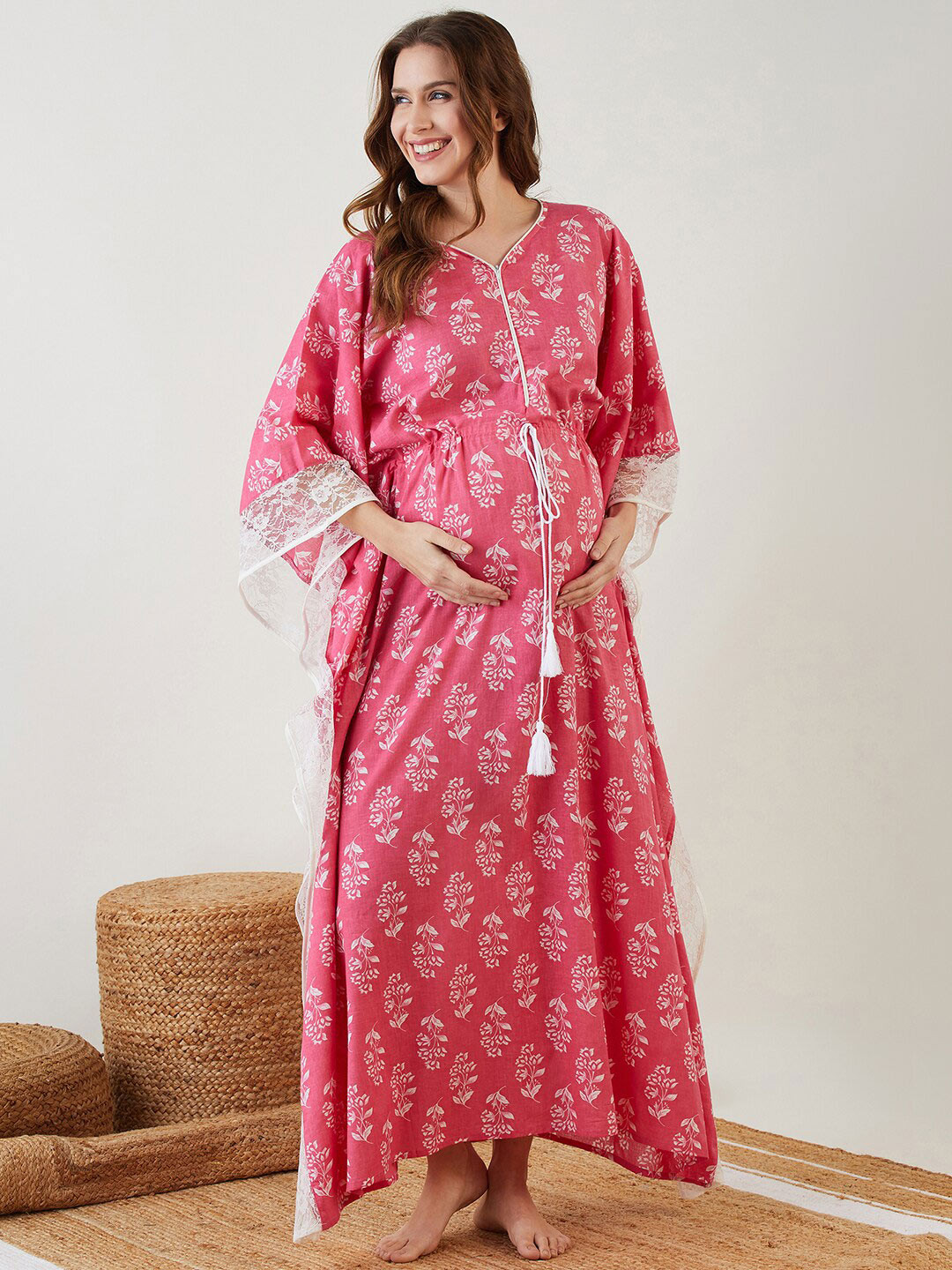 

The Kaftan Company Printed Maternity and Feeding Pure Cotton Maxi Kaftan Nightdress, Pink