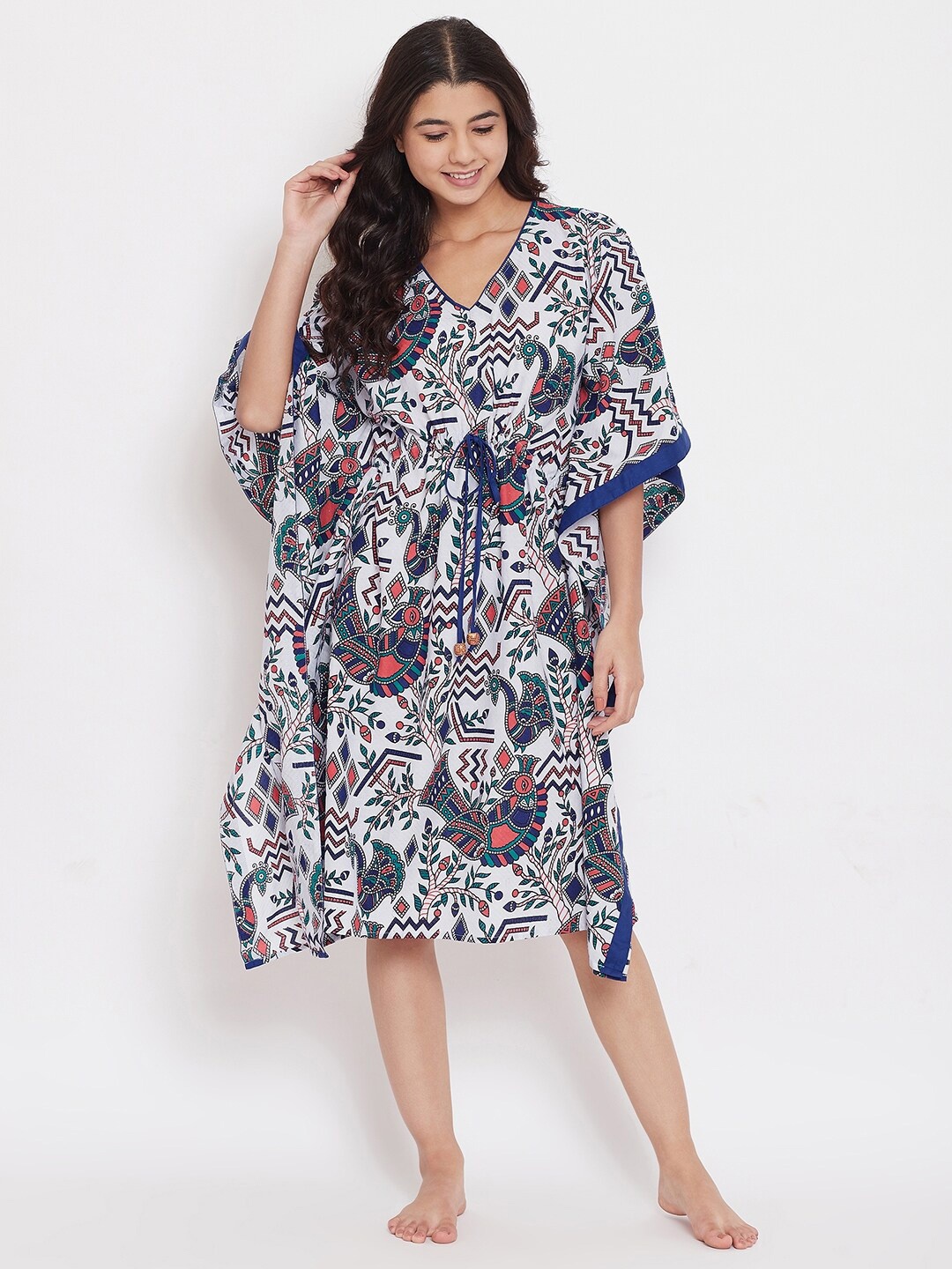 

The Kaftan Company Ethnic Motifs Printed Cotton Kaftan Nightdress, White