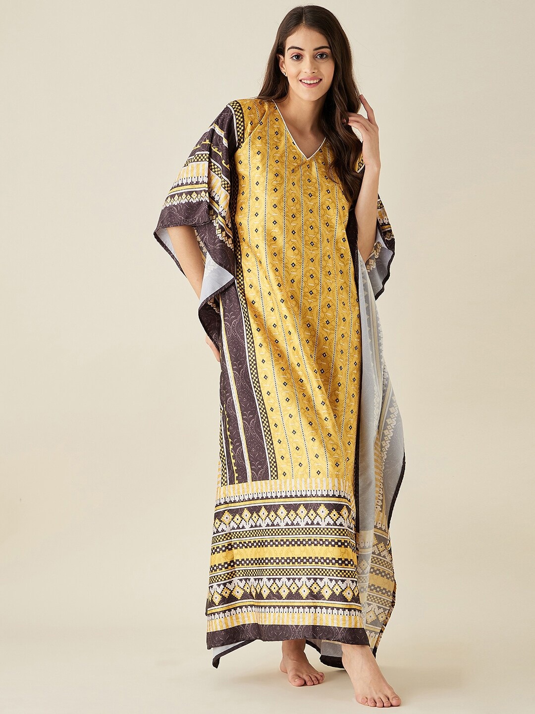 

The Kaftan Company Ethnic Motifs Printed Maxi Kaftan Nightdress, Yellow