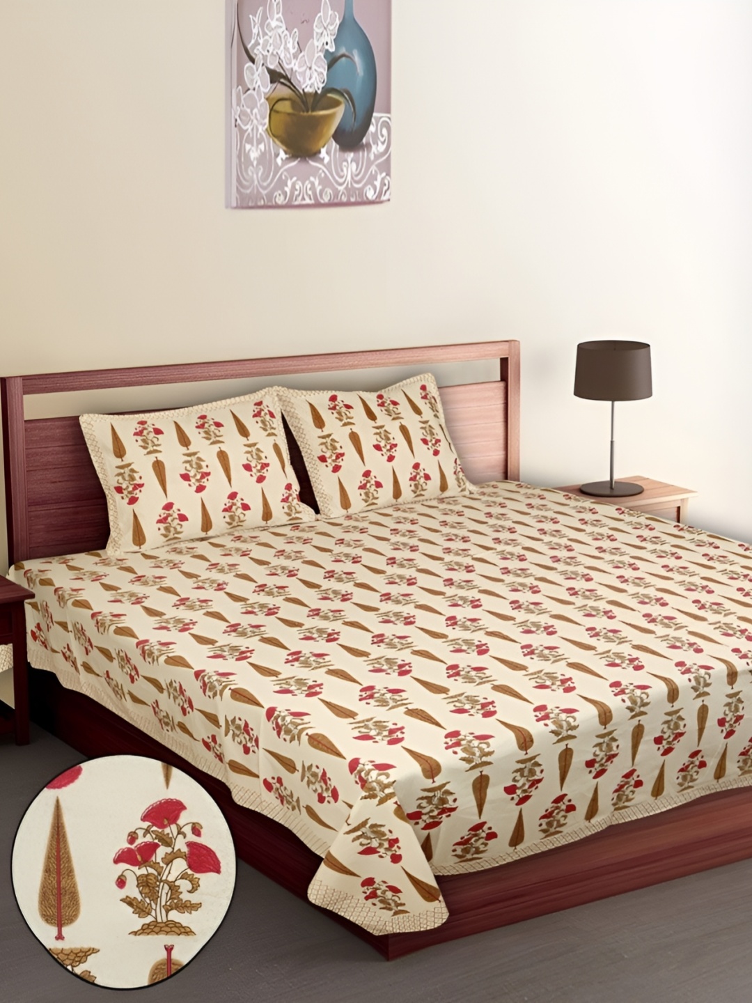 

Bedbathandbliss Beige & Brown Floral 300 TC King Bedsheet with 2 Pillow Covers