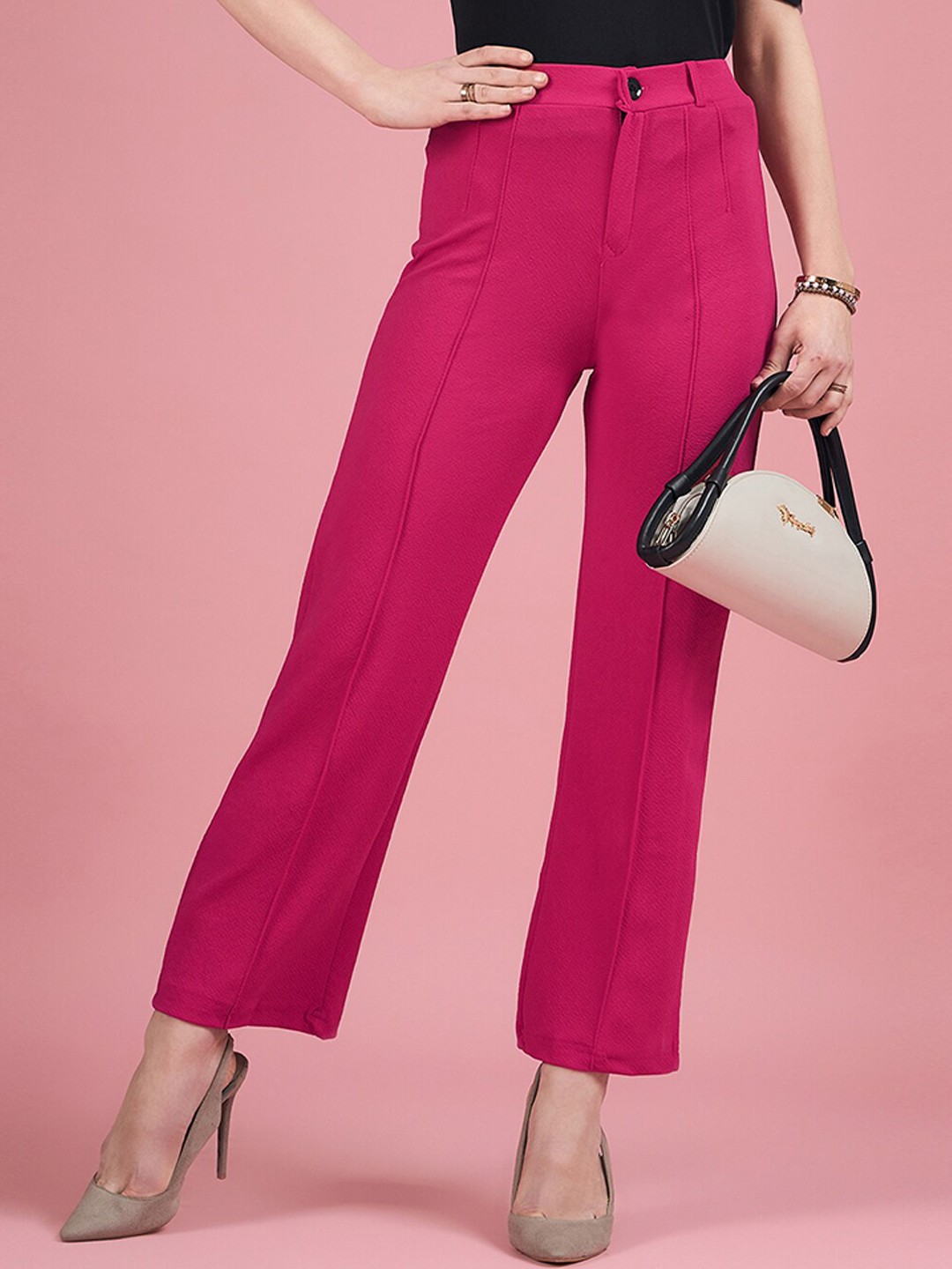 

DressBerry Women Relaxed Straight Fit High-Rise Easy Wash Trousers, Pink