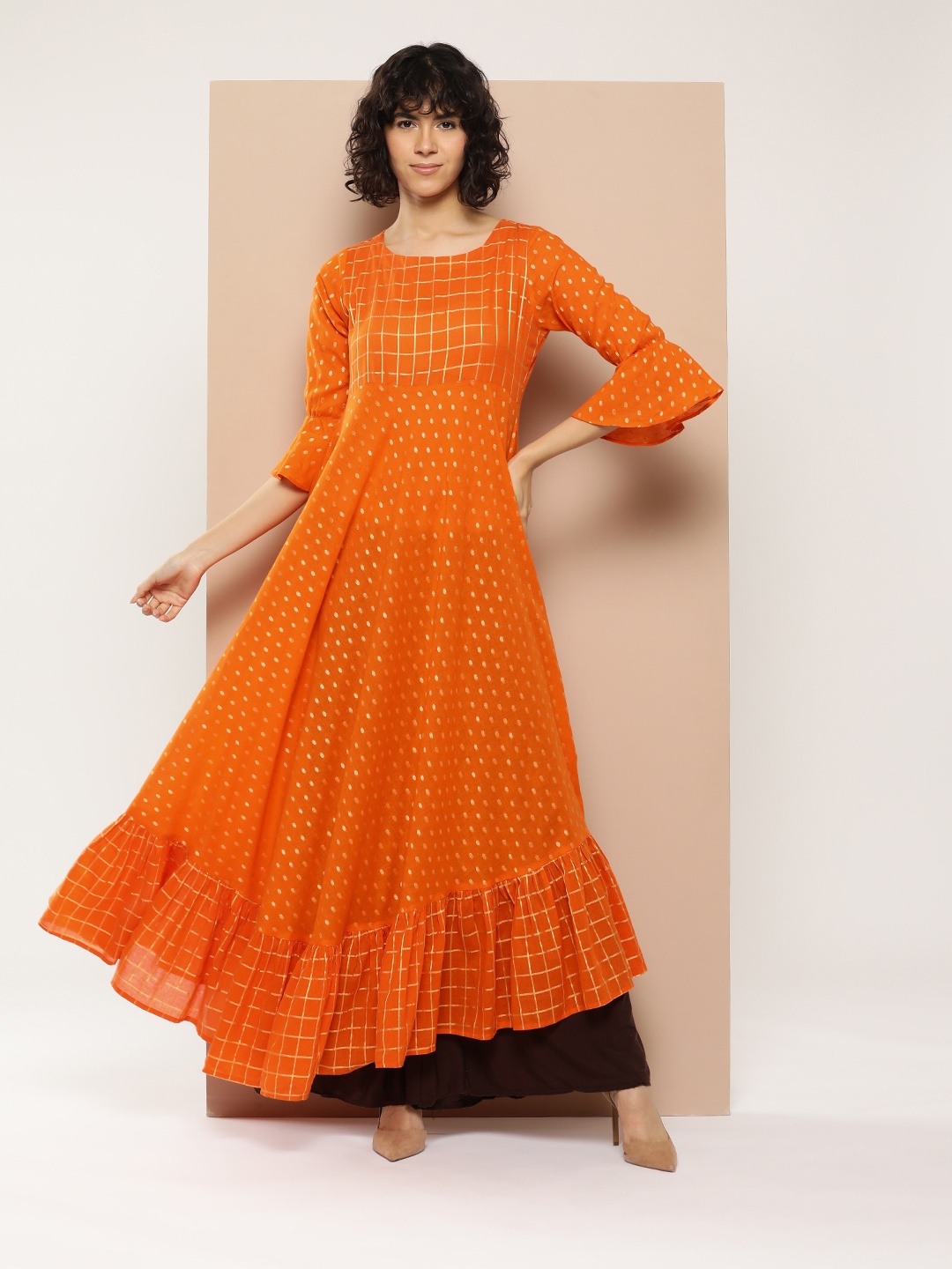 

MBE Women Checked Flared Sleeves Cotton Anarkali Kurta, Orange