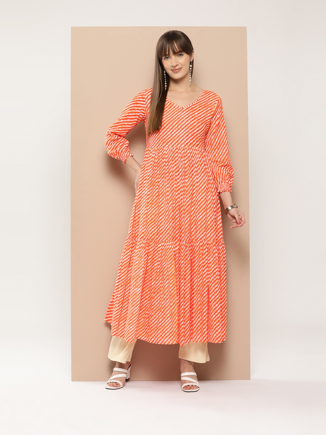 

MBE Women Leheriya Striped Anarkali Cotton Kurta, Orange