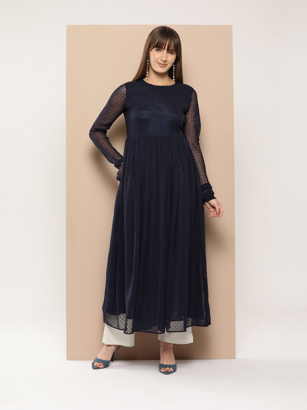 

MBE Women Dobby Anarkali Kurta, Navy blue