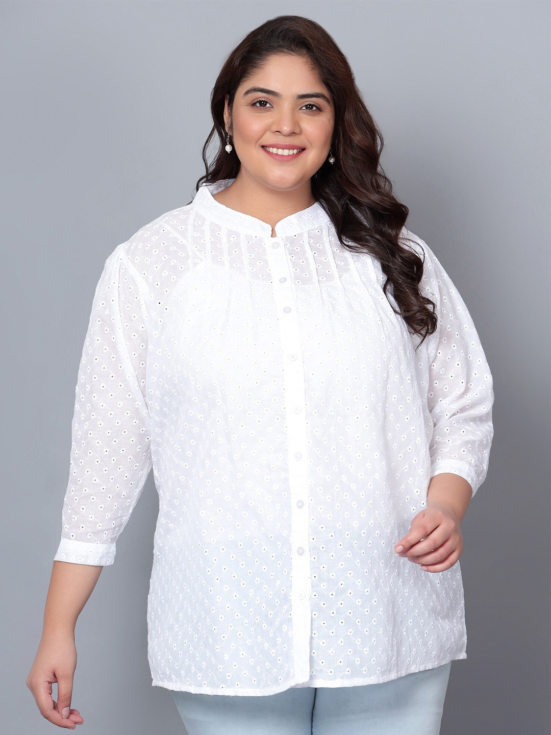 

Indietoga Plus Size Mandarin Collar Chikankari Embroidered Cotton Shirt Style Top, White