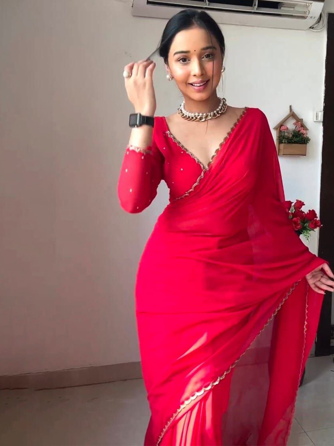 

GLORYANCE Beads and Stones Pure Georgette Saree, Red