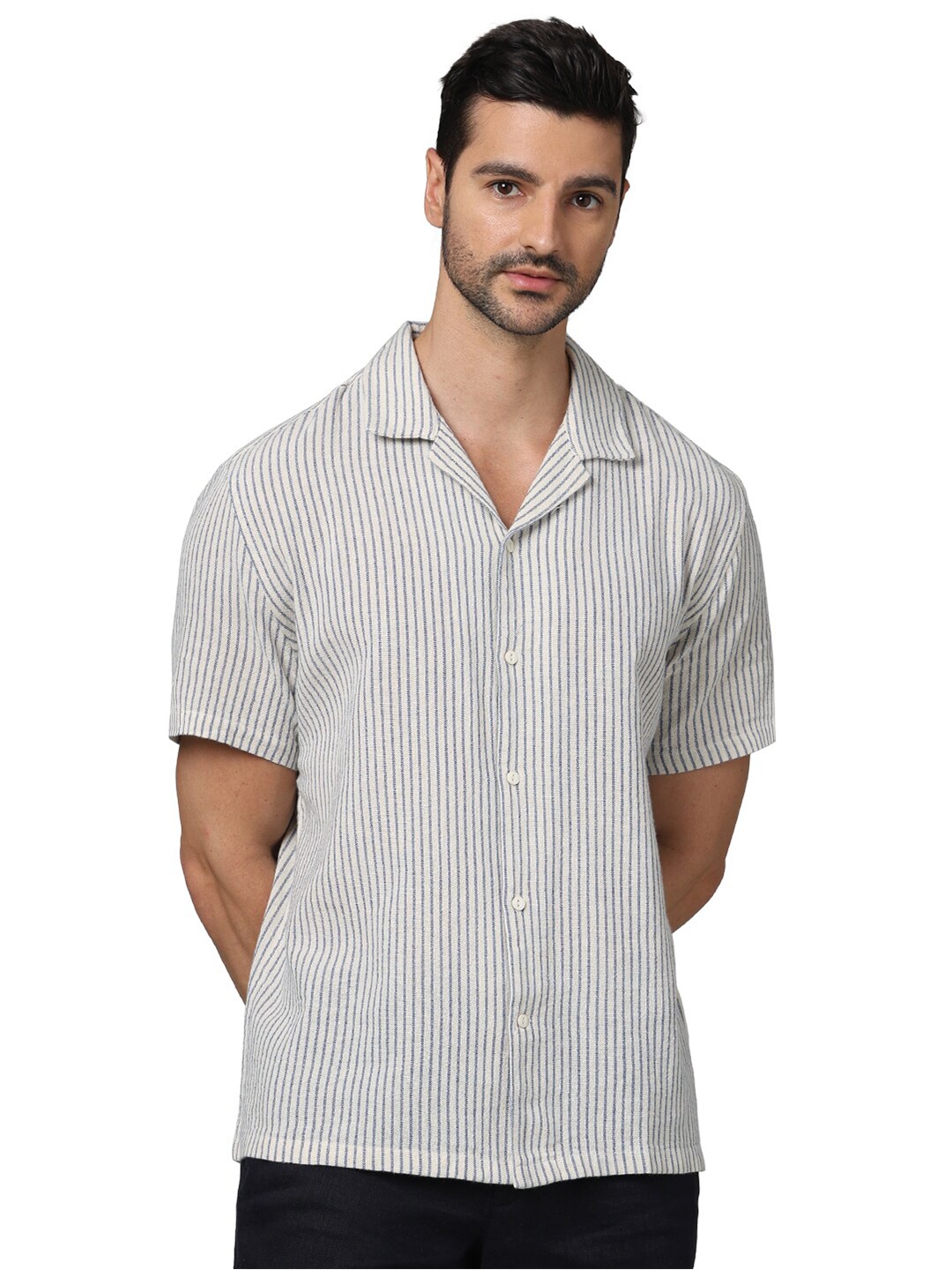 

Celio Classic Striped Cuban Collar Cotton Casual Shirt, Off white