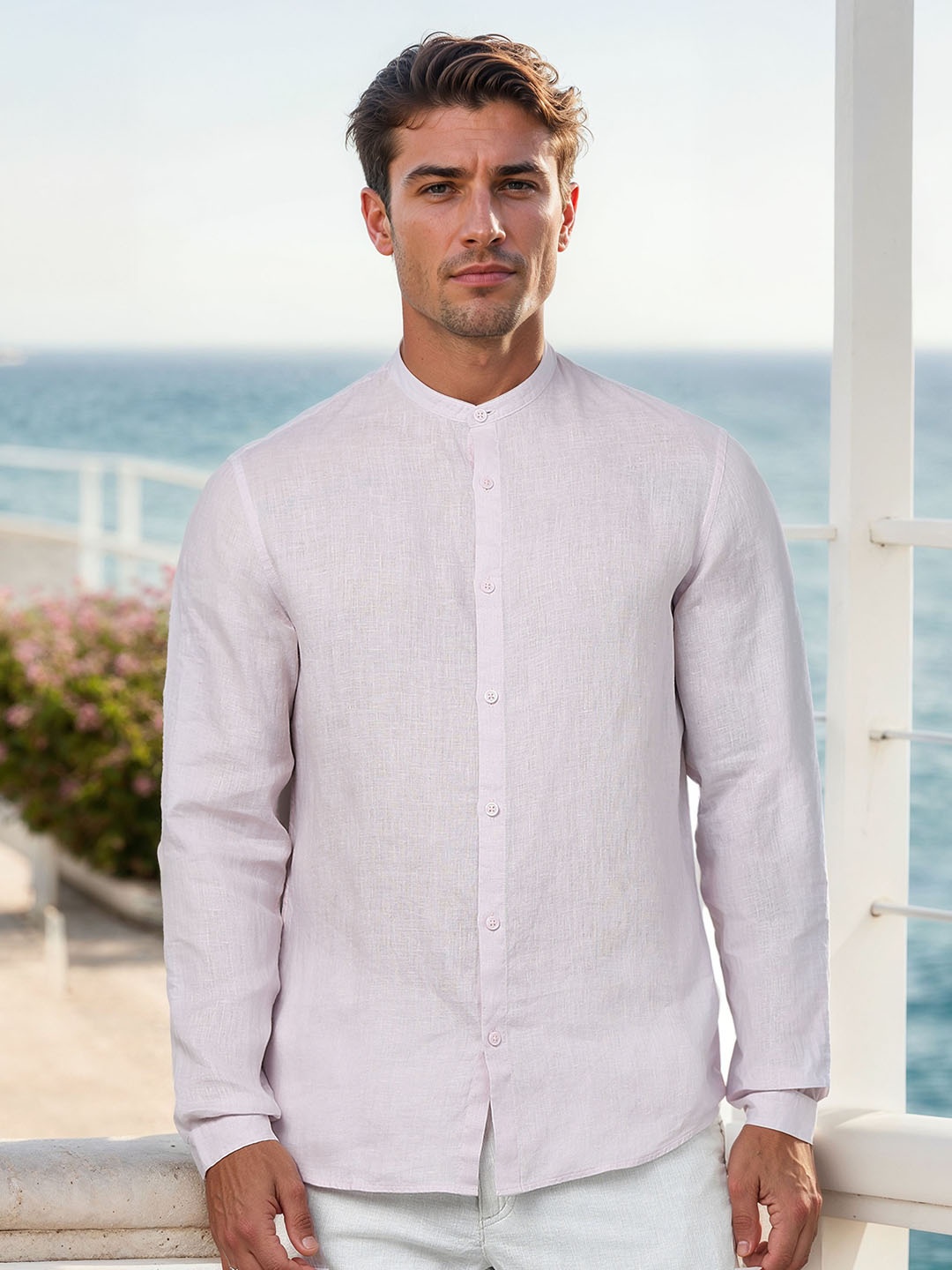 

Celio Mandarin Collar Classic Linen Opaque Casual Shirt, Pink
