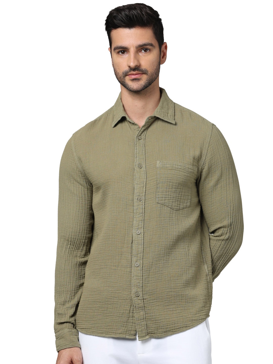 

Celio Spread Collar Classic Cotton Opaque Casual Shirt, Olive