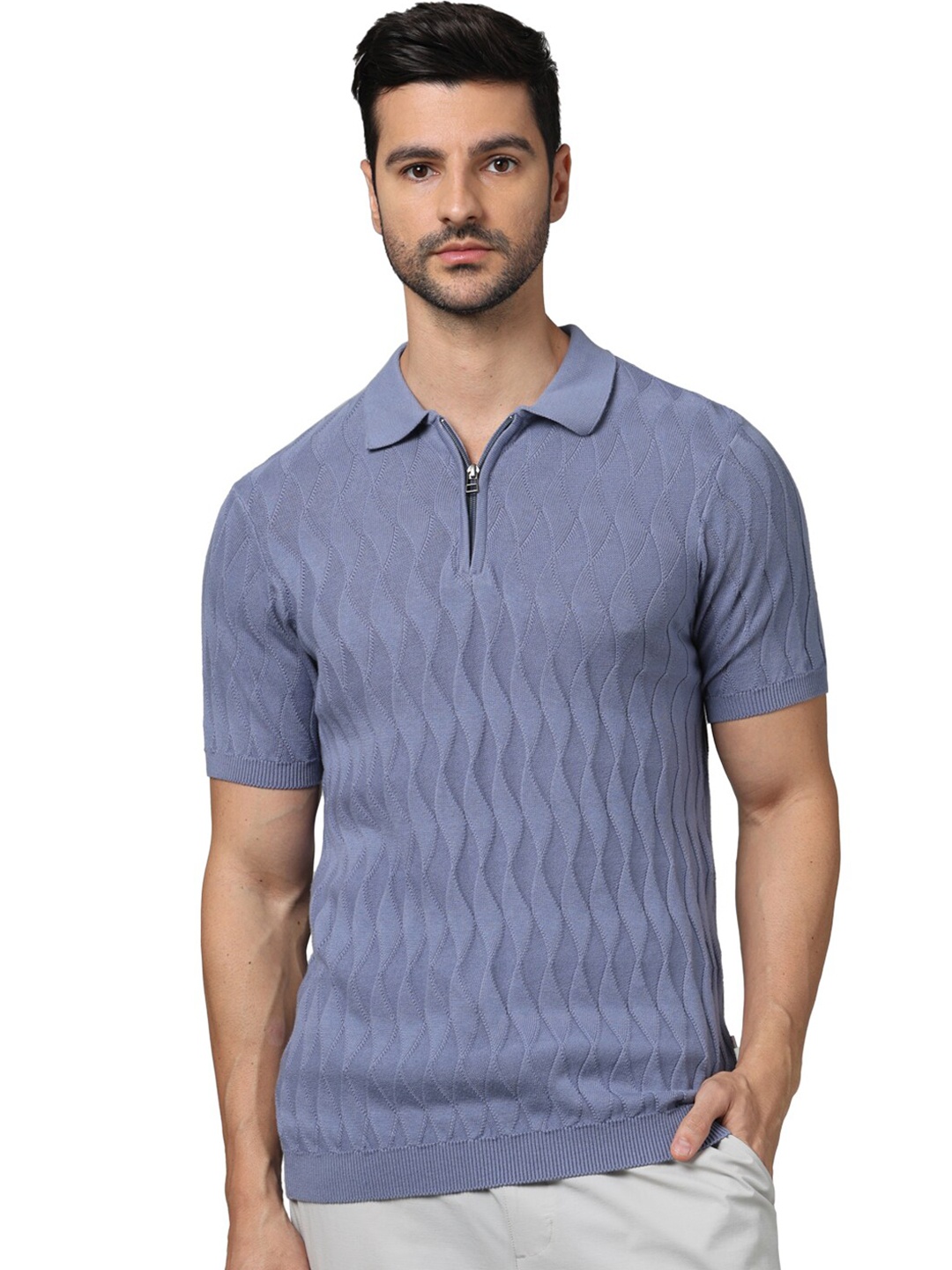 

Celio Self Design Polo Collar Cotton T-shirt, Grey
