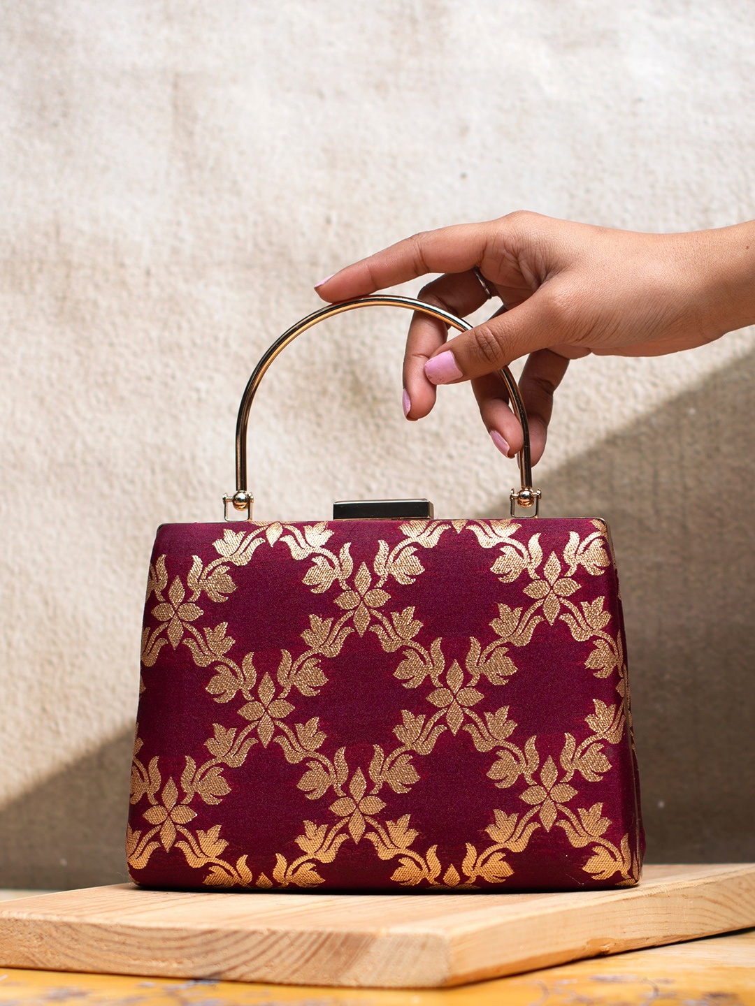 

ARTKLIM Embroidered Box Clutch, Maroon