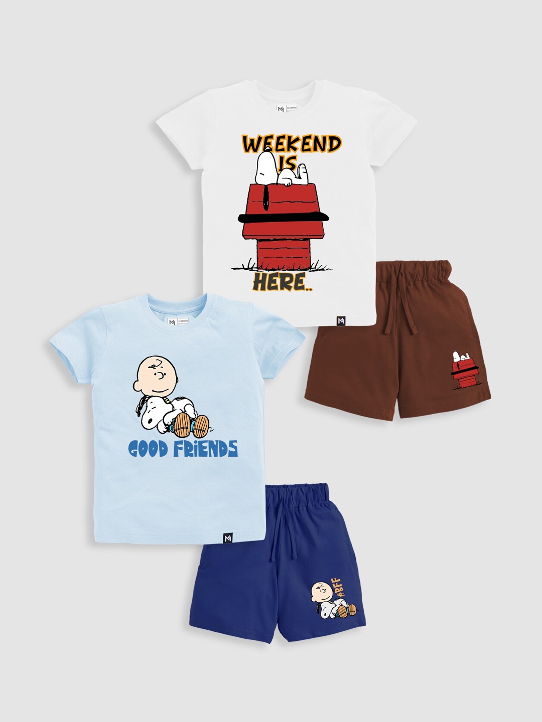 

Minute Mirth Infant Boys Pack Of 2 Printed Pure Cotton T-Shirt With Shorts, White
