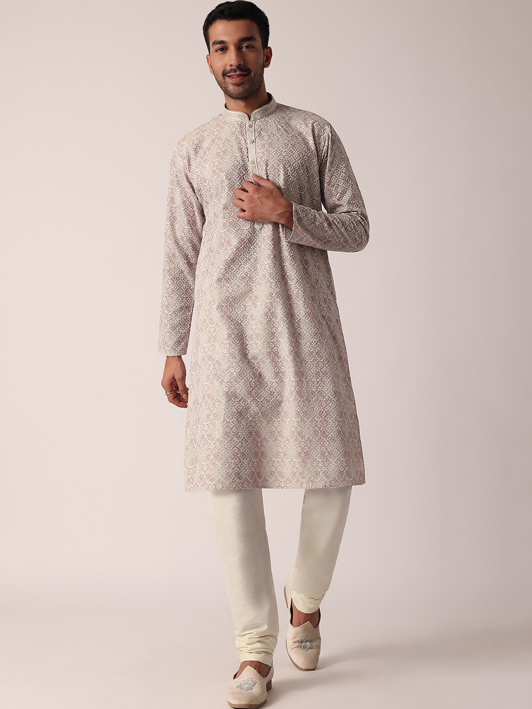 

KALKI Fashion Ethnic Motifs Printed Mandarin Collar Thread Work Kurta with Pyjamas, White