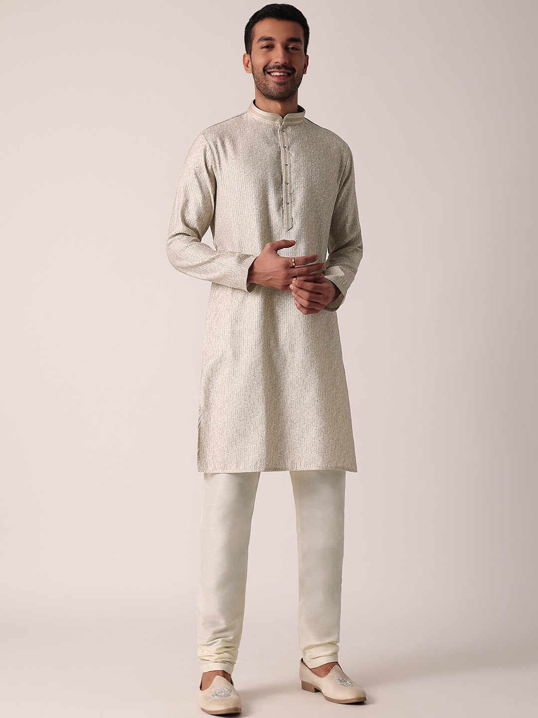 

KALKI Fashion Ethnic Motifs Printed Mandarin Collar Thread Work Kurta with Churidar, Gold