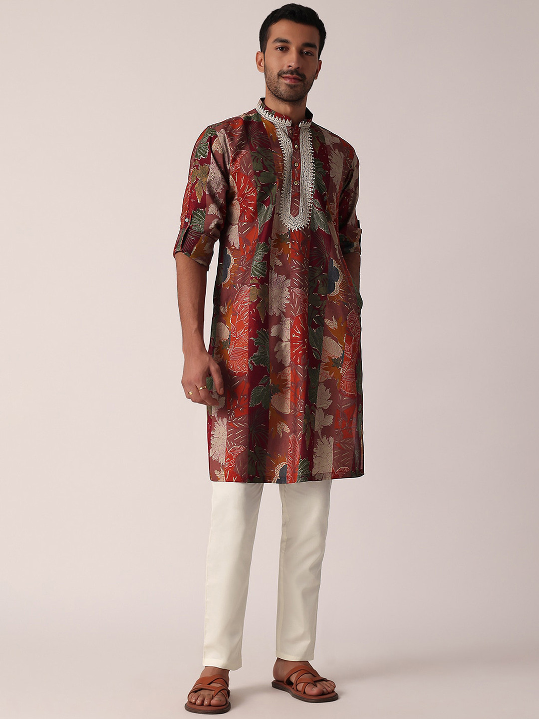 

KALKI Fashion Men Ethnic Motifs Printed Thread Work Kurta, Red