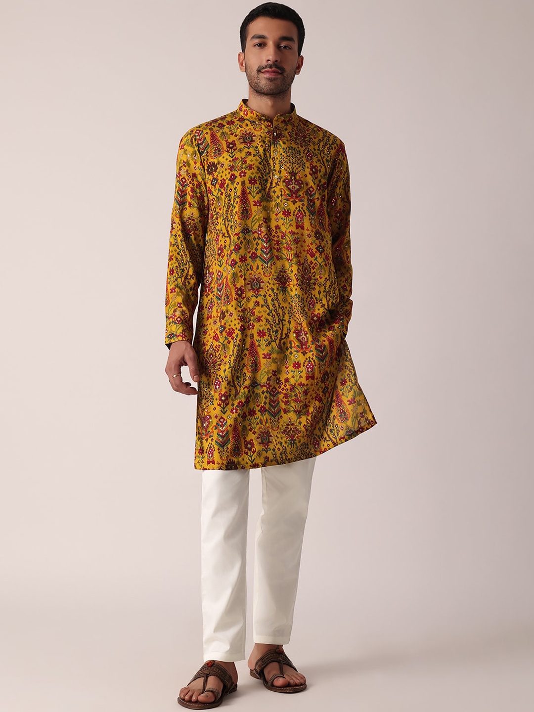 

KALKI Fashion Ethnic Motifs Printed Mandarin Collar Cotton Straight Kurta, Yellow