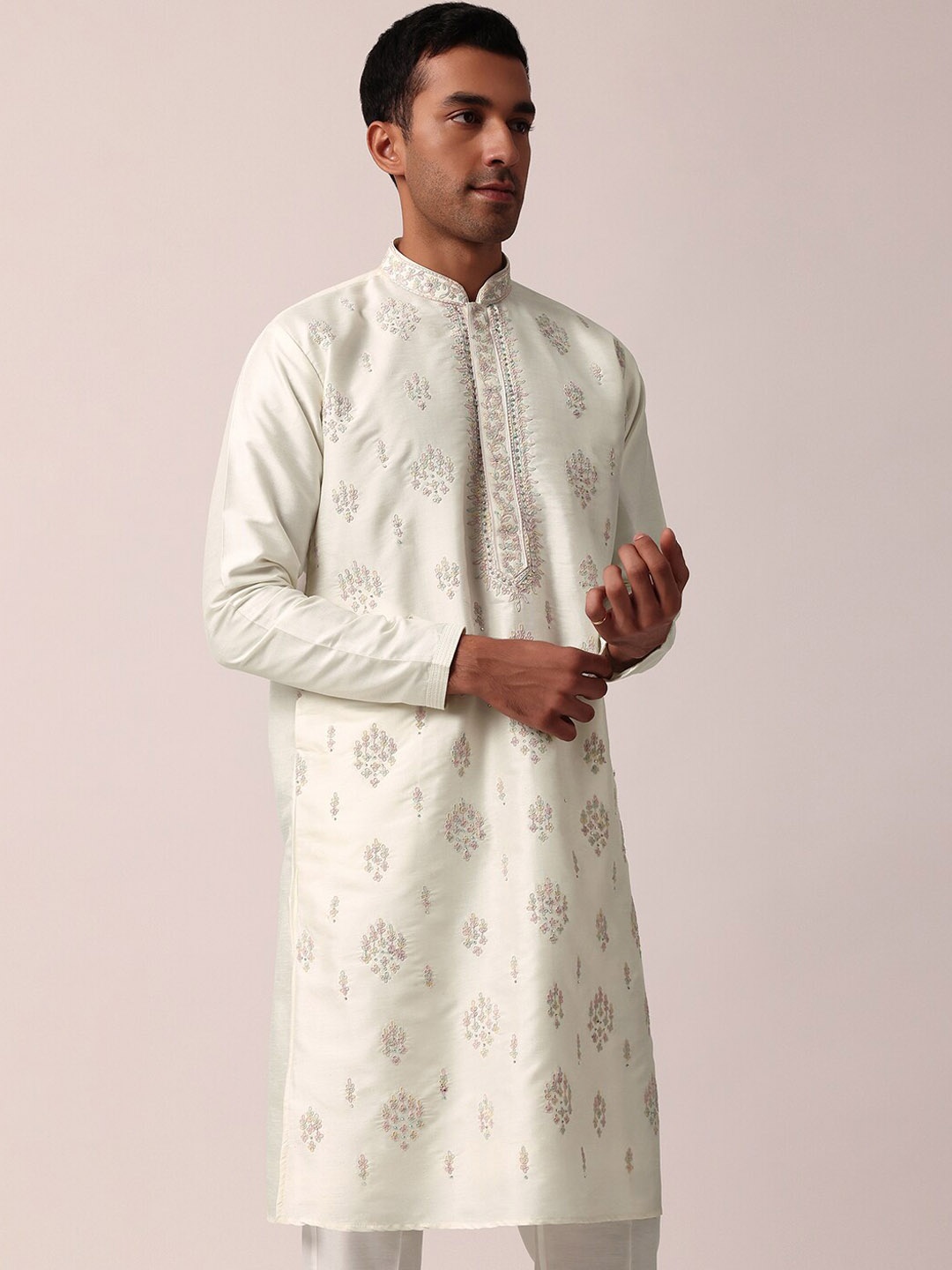 

KALKI Fashion Ethnic Motifs Embroidered Mandarin Collar Thread Work Kurta with Trousers, White