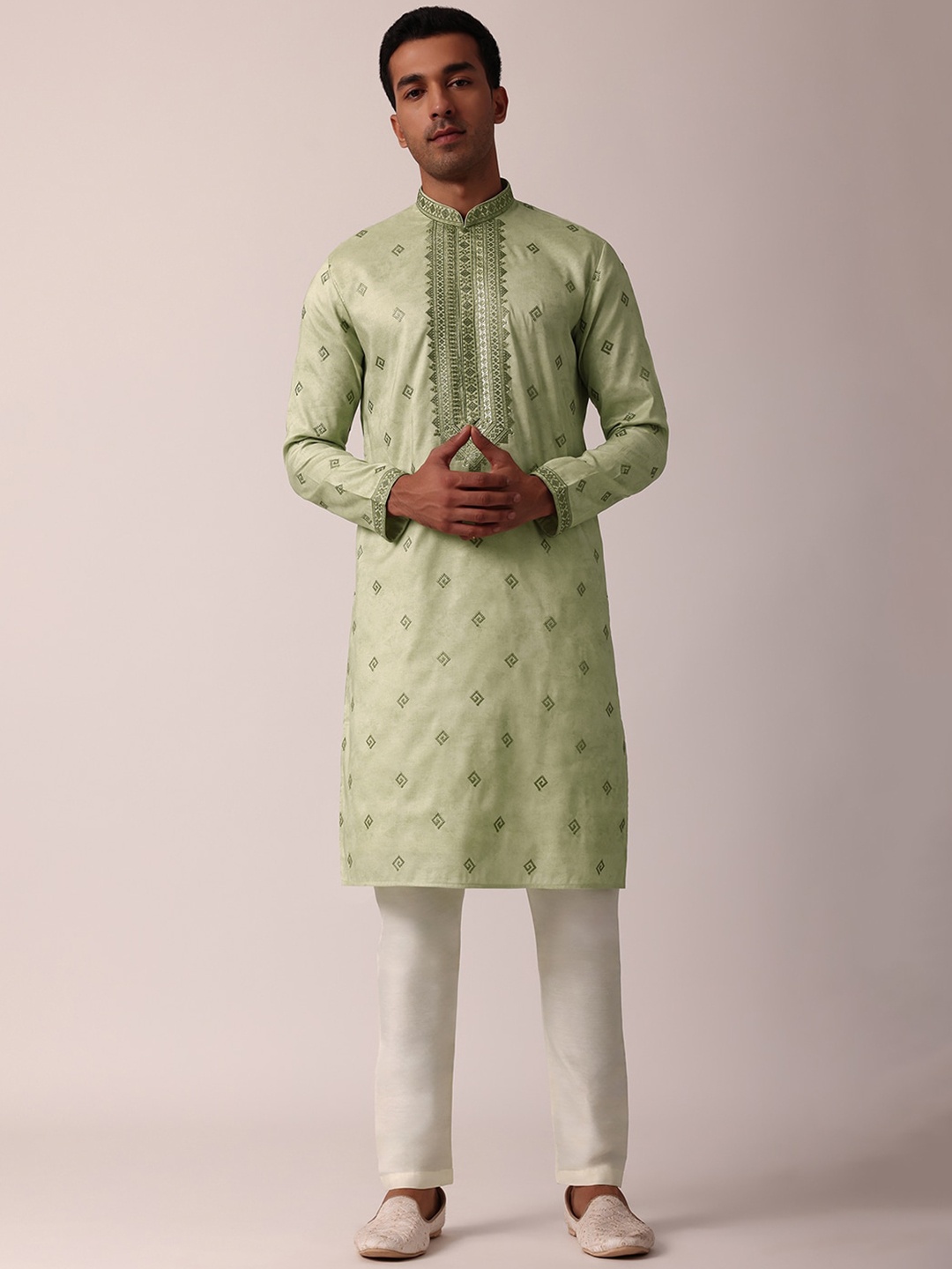 

KALKI Fashion Men Ethnic Motifs Embroidered Regular Thread Work Kurta with Trousers, Green