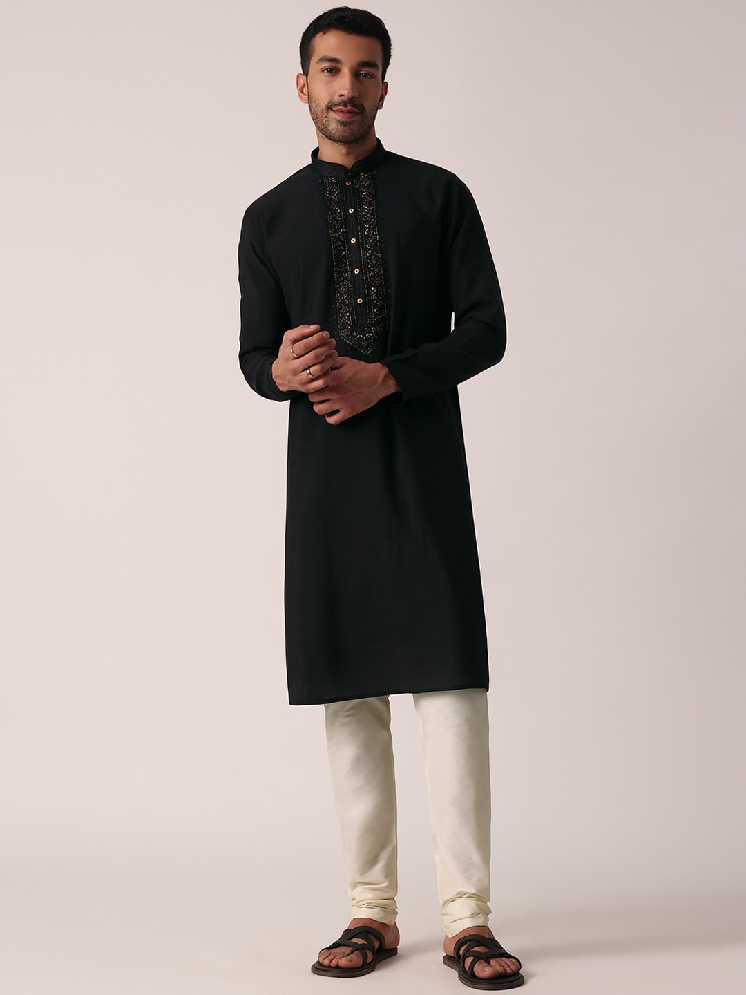 

KALKI Fashion Ethnic Motifs Mandarin Collar Yoke Design Kurta with Churidar, Black