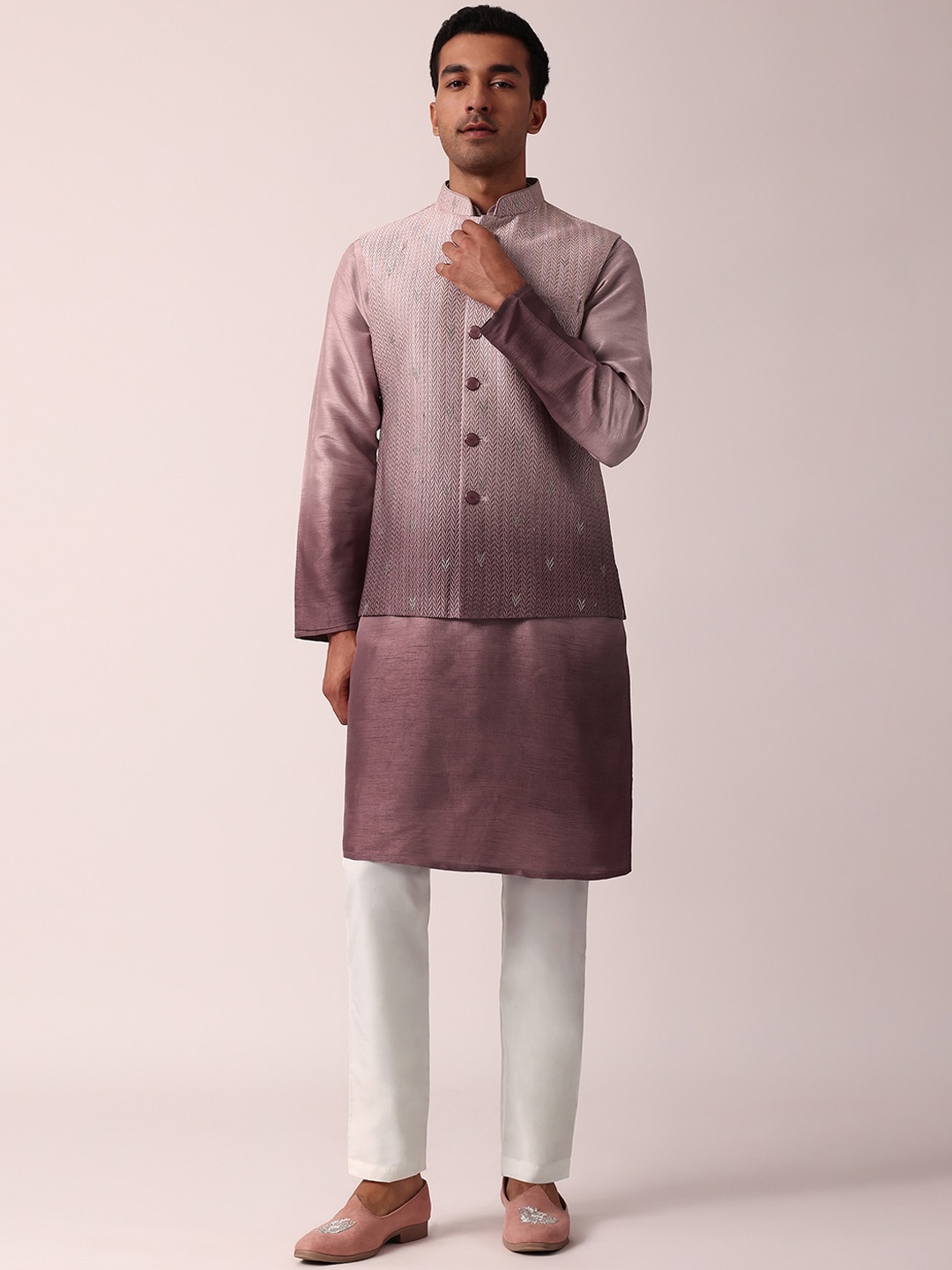 

KALKI Fashion Colourblocked Mandarin Collar Straight Kurta With Trouser, Purple