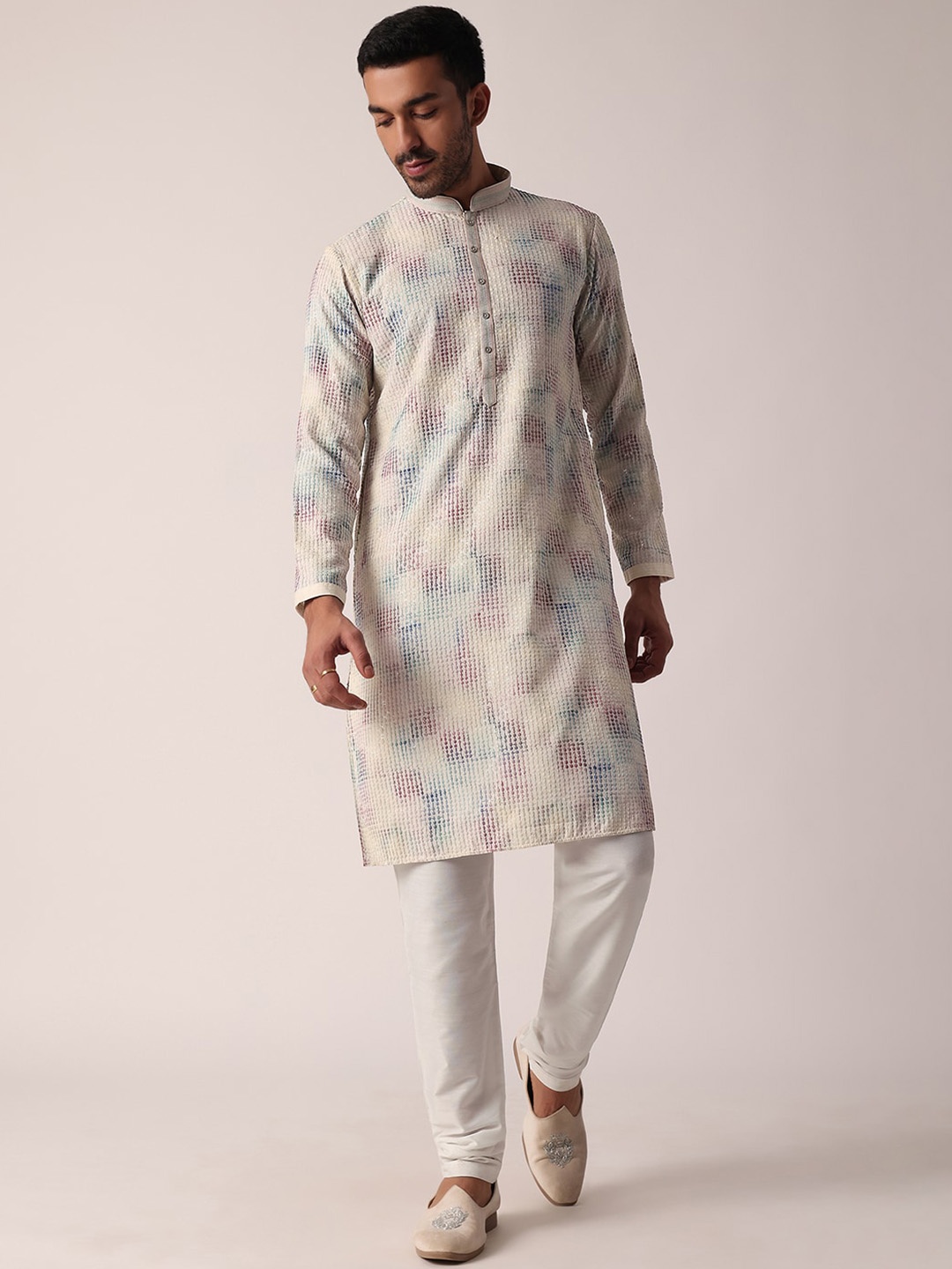 

KALKI Fashion Men Printed Regular Thread Work Kurta with Churidar, White