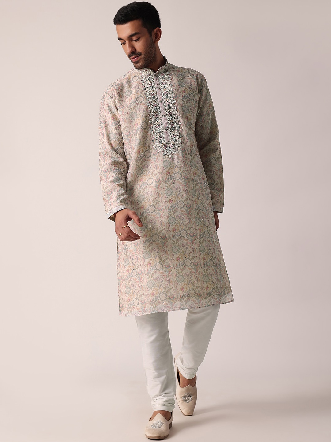 KALKI Fashion Ethnic Motifs Printed Regular Thread Work Kurta with Churidar, Off white