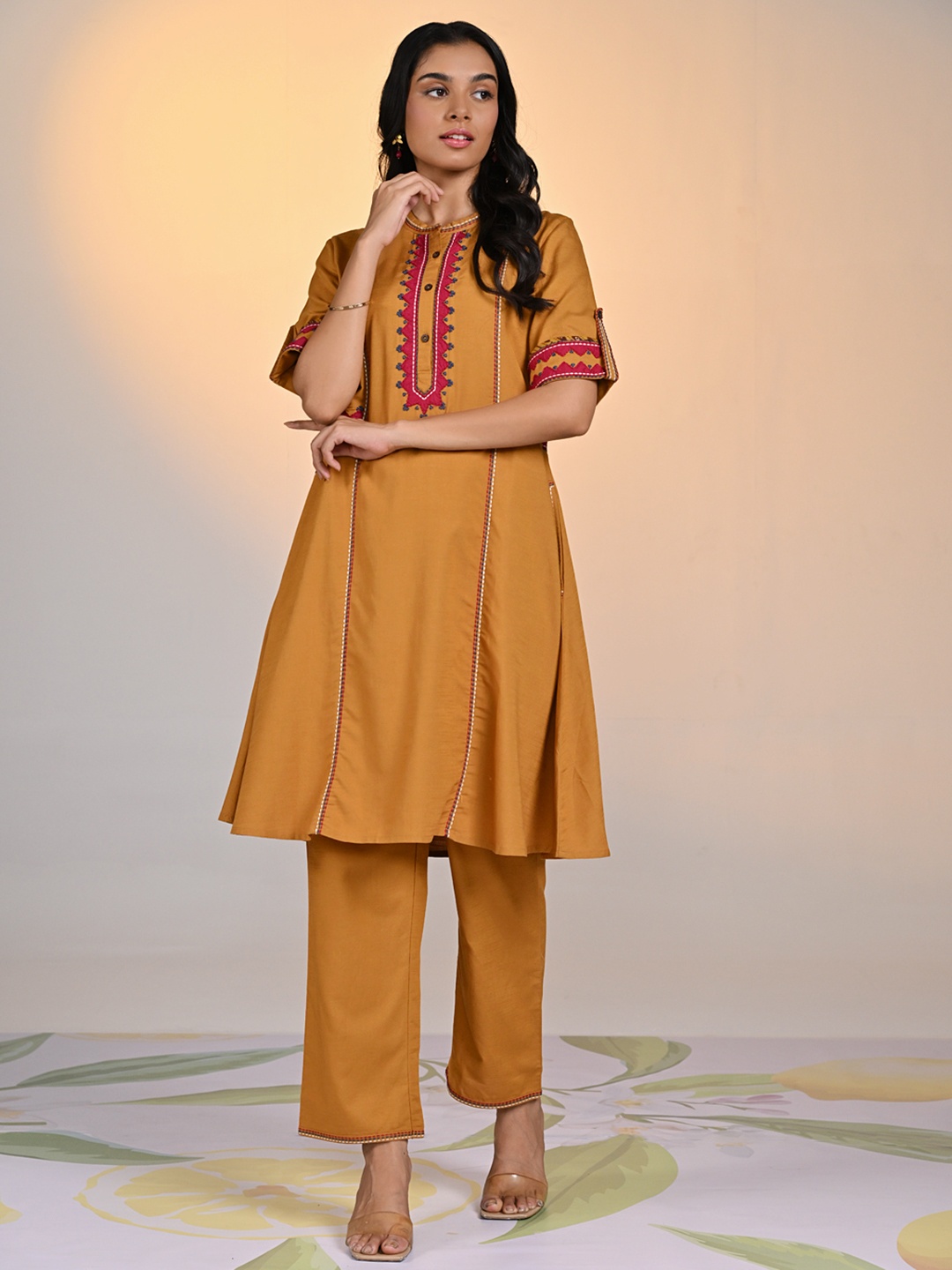

Lakshita Geometric Embroidered Thread Work Cotton Linen Straight Kurta With Trousers, Mustard
