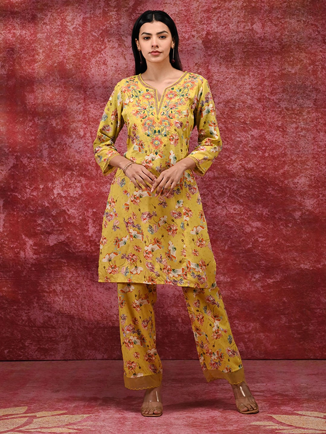 

Lakshita Women Floral Embroidered Regular Kurta with Trousers, Yellow