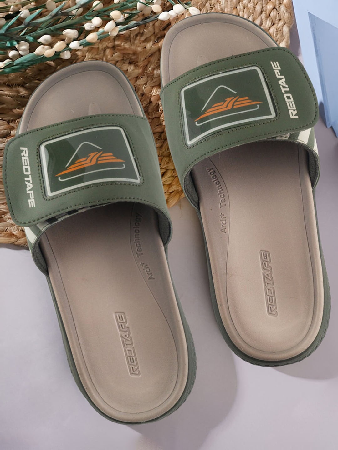 

Red Tape Men Printed Sliders, Olive