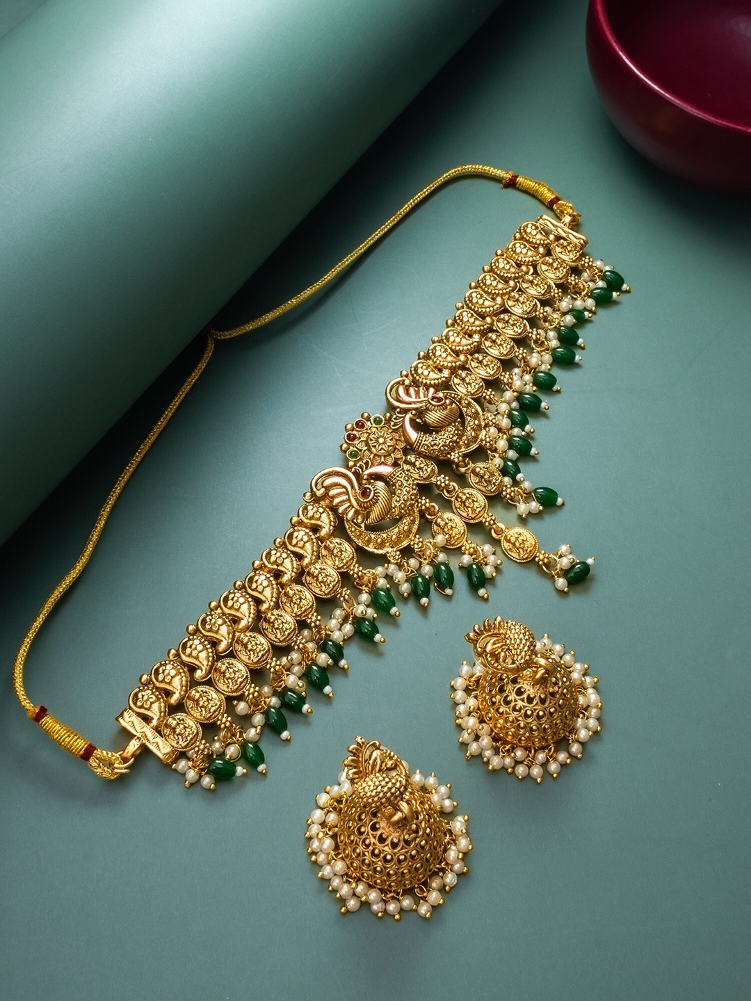

aadita Pearls Beaded Temple Jewellery Set, Gold