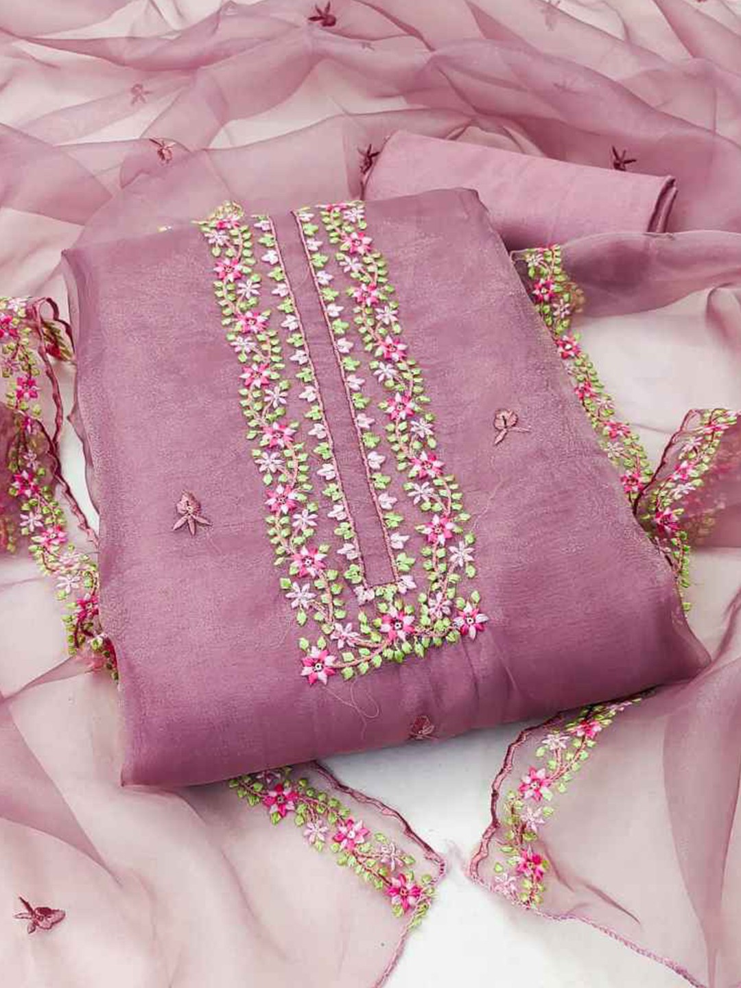 

faxofab Floral Embroidered Unstitched Dress Material, Purple