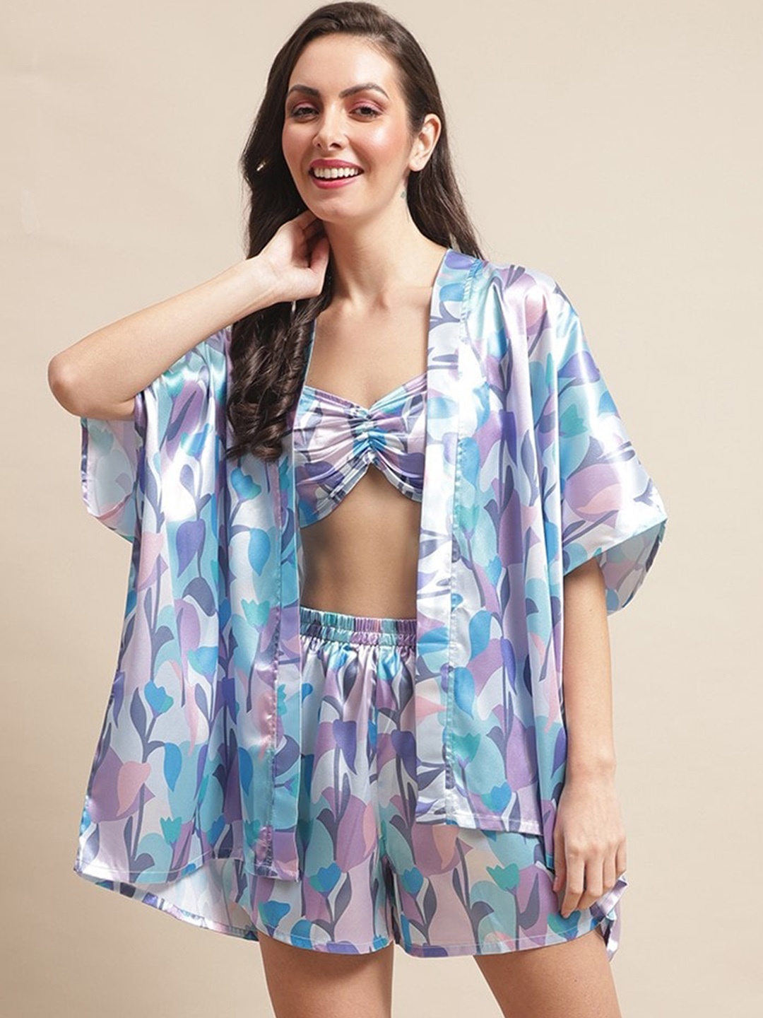 

Claura Printed Satin Finish Swim Top & Bottom With Robe, Blue