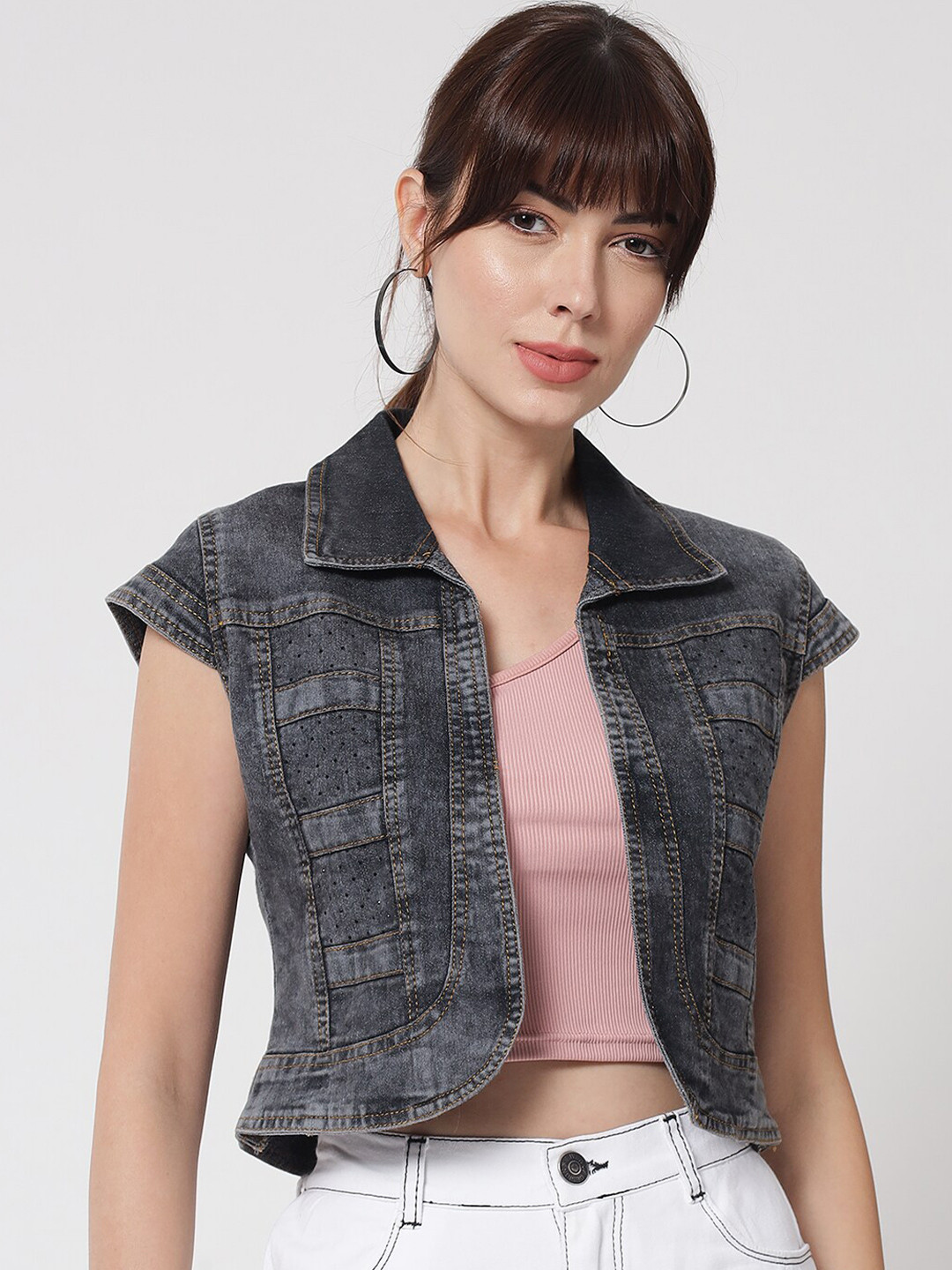 

River Of Design Jeans Embellished Crop Open Front Shrug, Grey