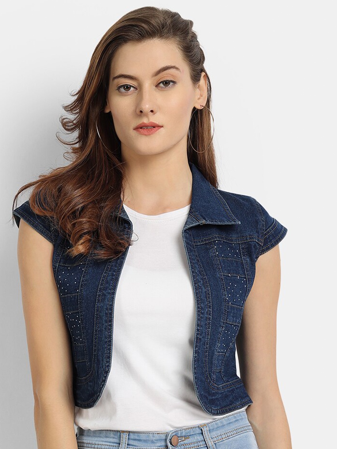 

River Of Design Jeans Cotton Denim Crop Open Front Shrug, Blue