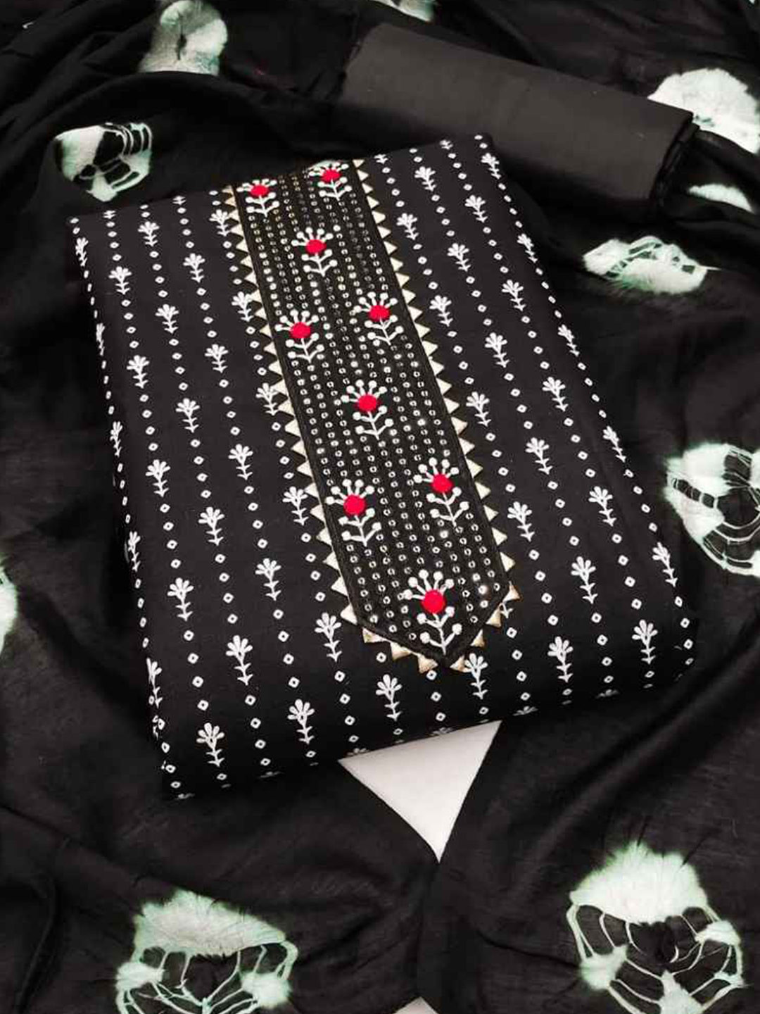 

faxofab Printed Sequinned Unstitched Dress Material, Black