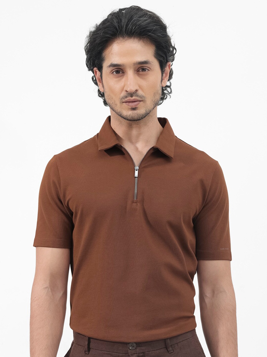 

RARE RABBIT Men Rings-4 Slim Fit Solid Polo Collar T-Shirt, Rust
