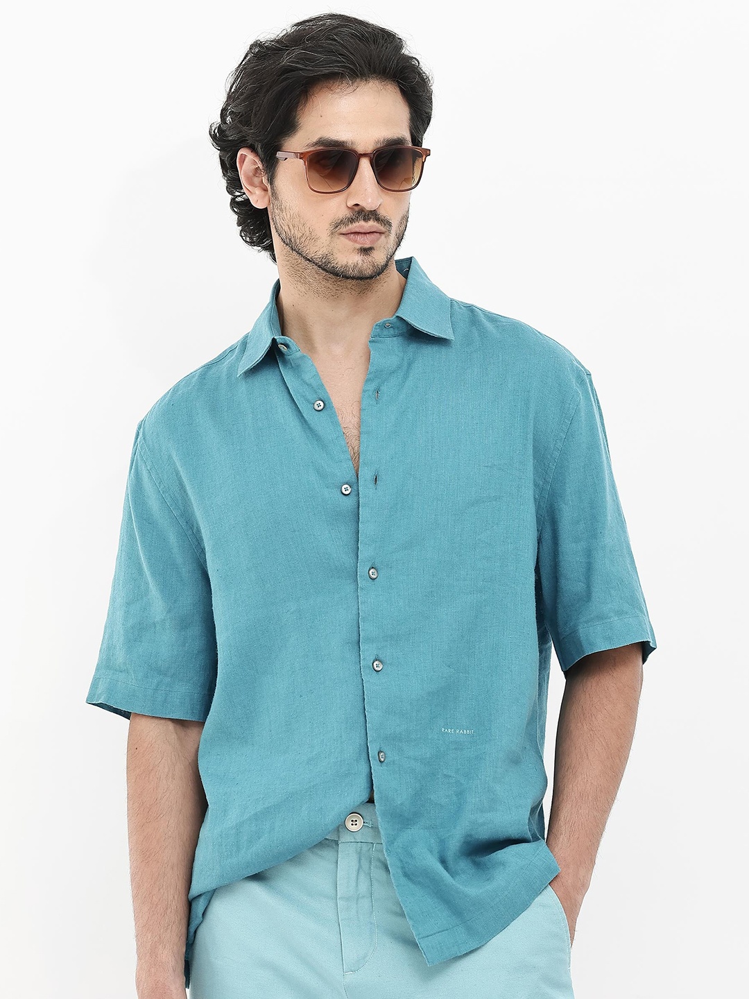 

RARE RABBIT Men Linex-1 Ss Standard Boxy Opaque Shirt, Turquoise blue