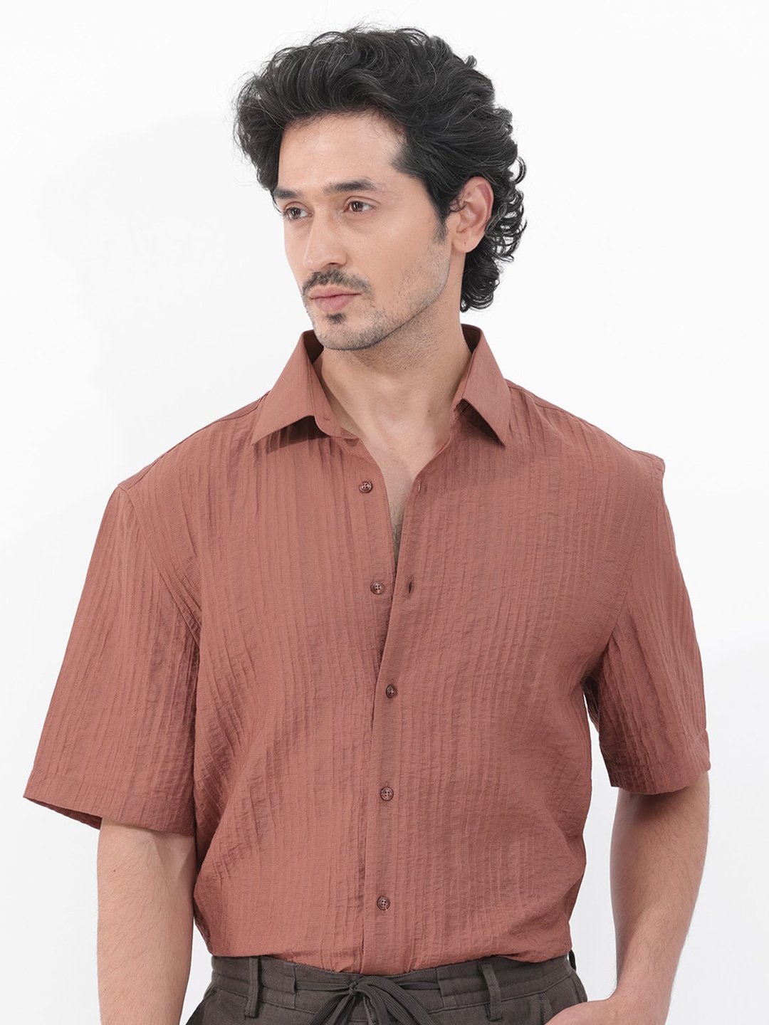 

RARE RABBIT Men Kith Boxy Opaque Striped Shirt, Rust