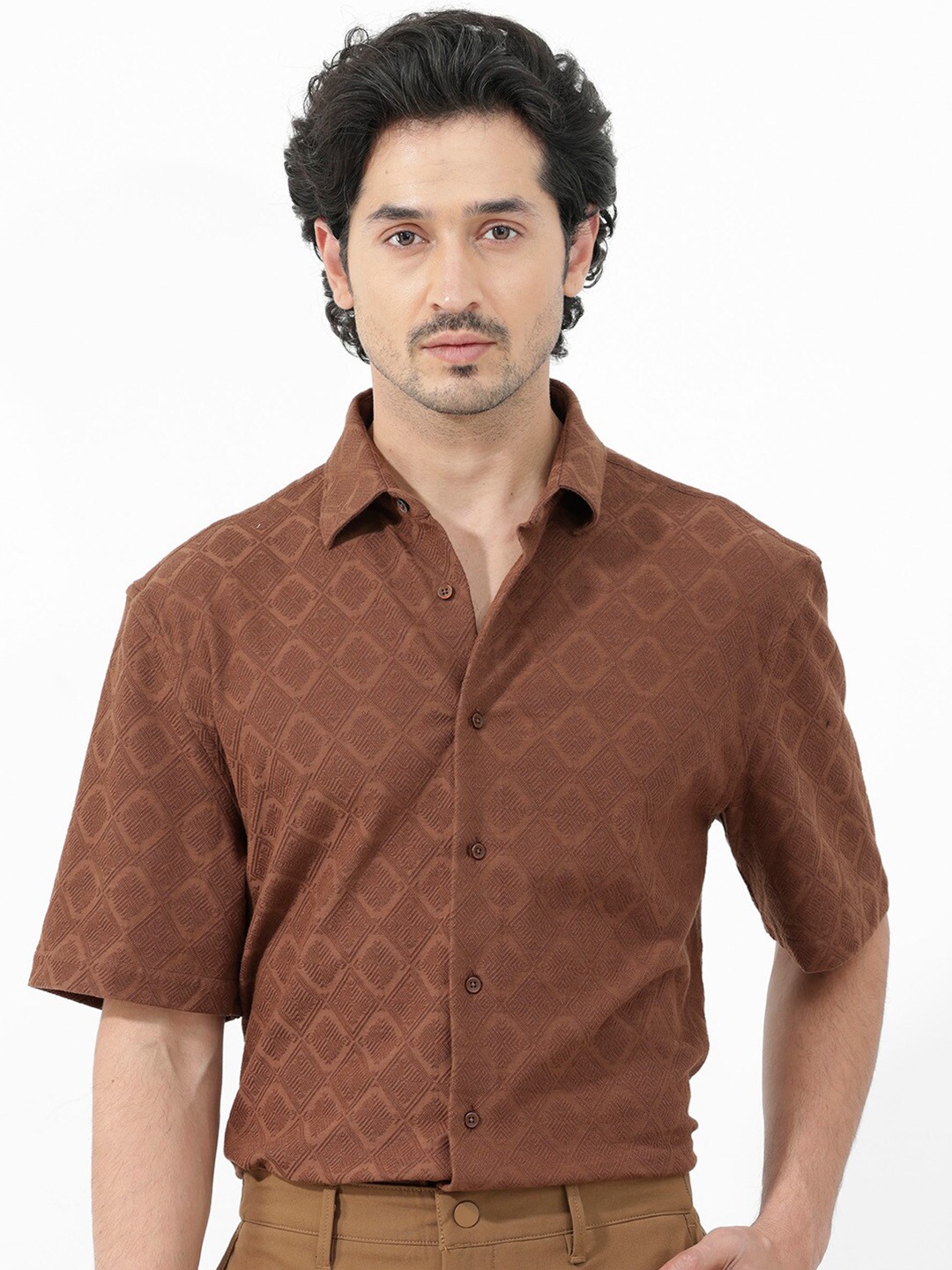 

RARE RABBIT Men Ryker Regular Fit Textured Cotton Shirt, Brown