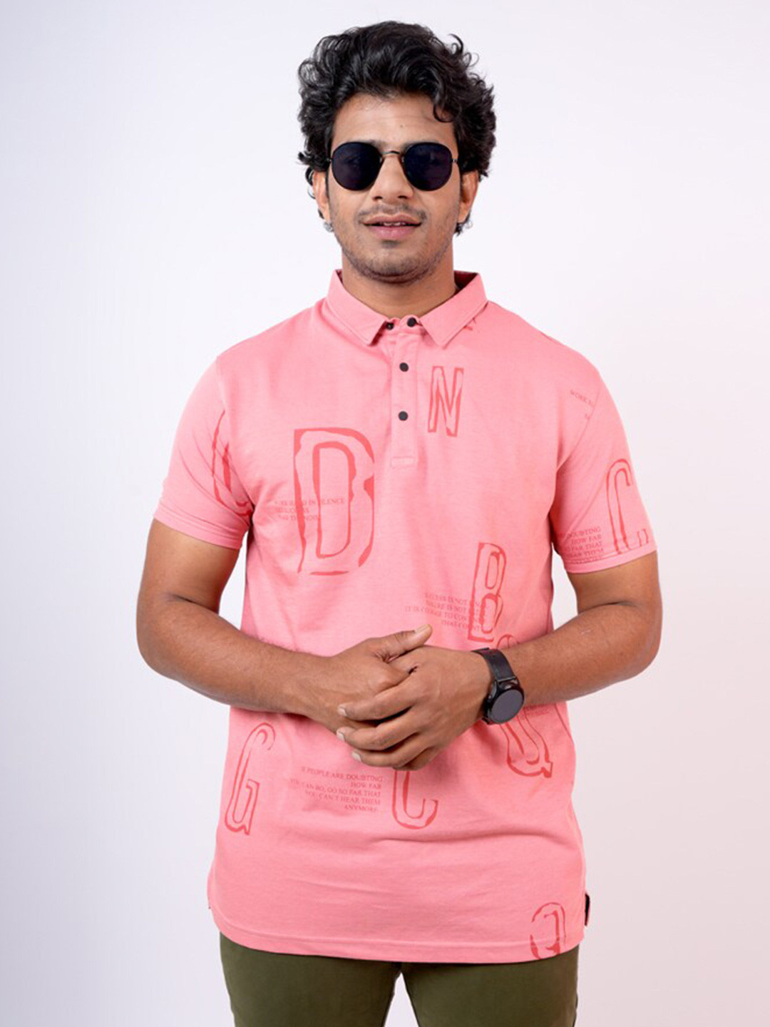 

Pontiac Typography Printed Polo Collar Cotton T-shirt, Peach