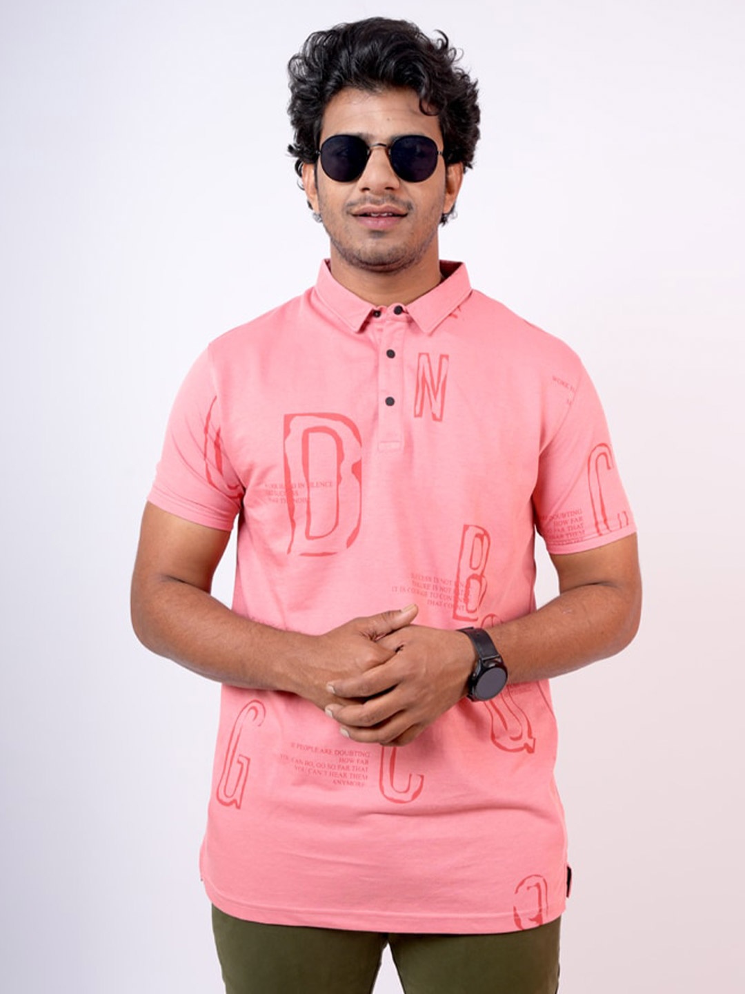 

Pontiac Typography Printed Polo Collar Cotton T-shirt, Peach