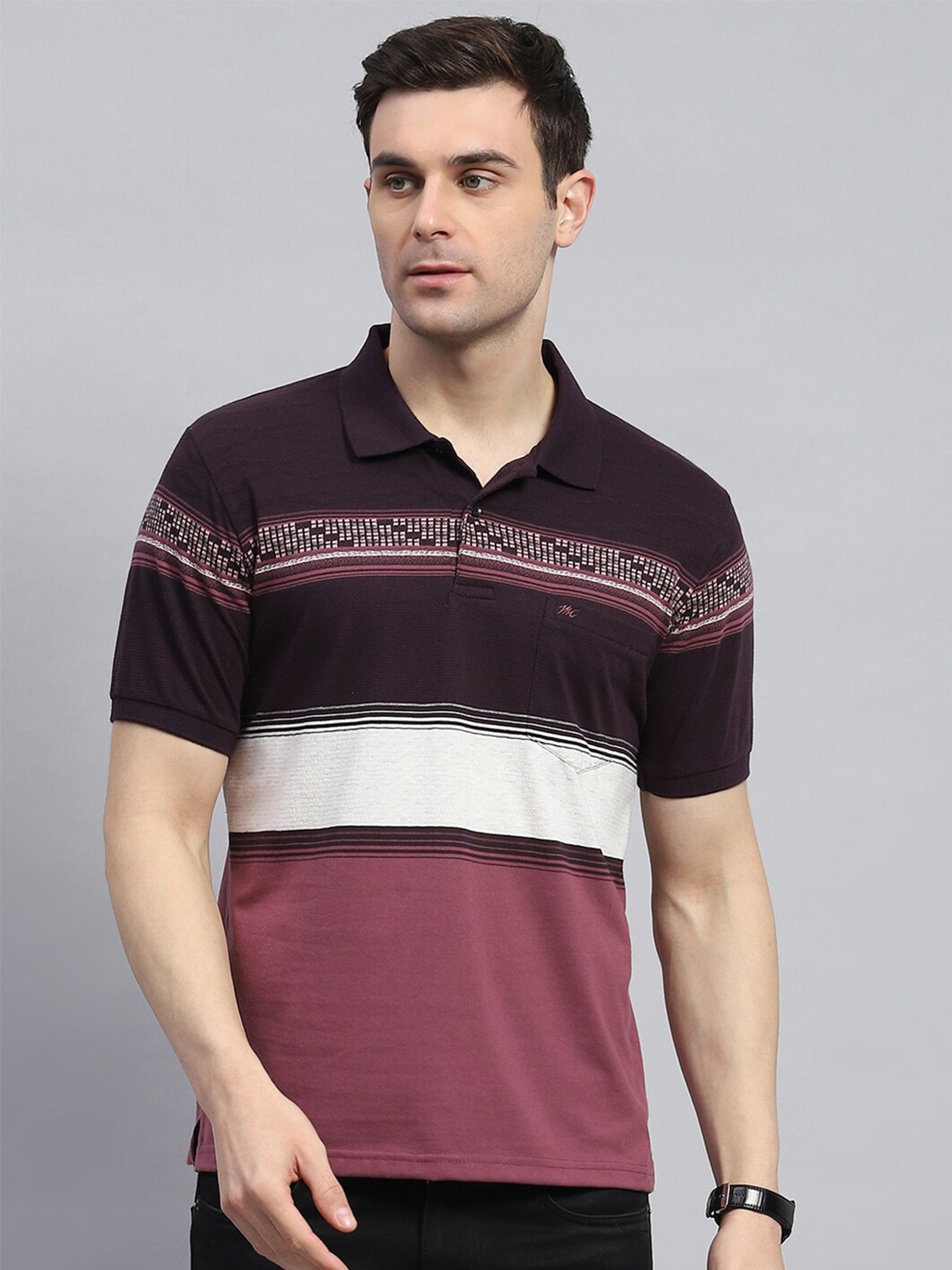 

Monte Carlo Striped Polo Collar T-shirt, Purple