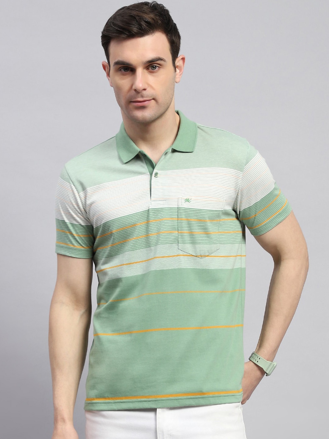 

Monte Carlo Striped Polo Collar T-shirt, Green